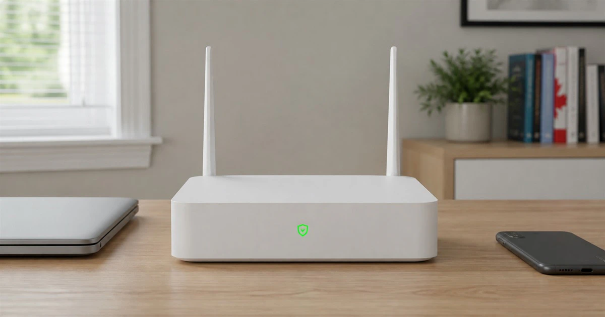White two-antenna Wi-Fi router with a green shield light between a closed laptop and face-down phone