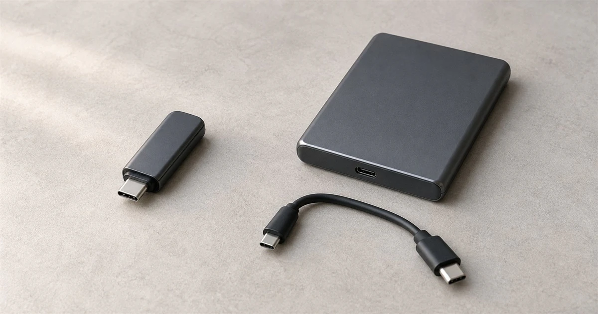 USB-C flash drive beside a portable SSD and a detached cable with two visible USB-C plugs