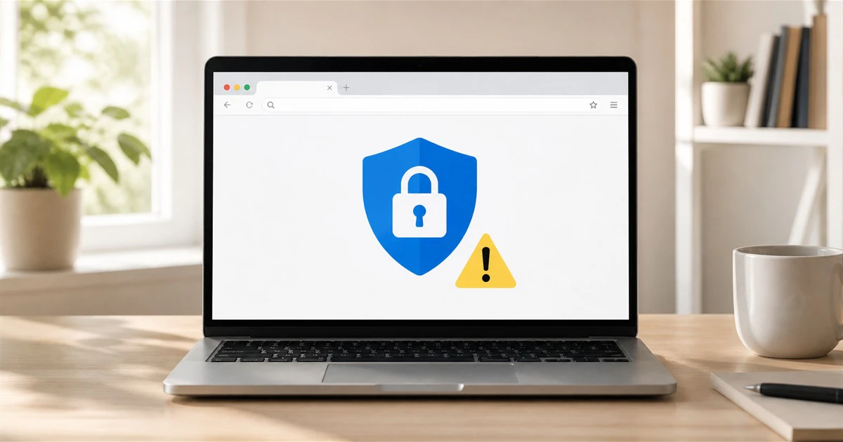 Unbranded laptop showing a generic security shield and caution symbol in a web browser