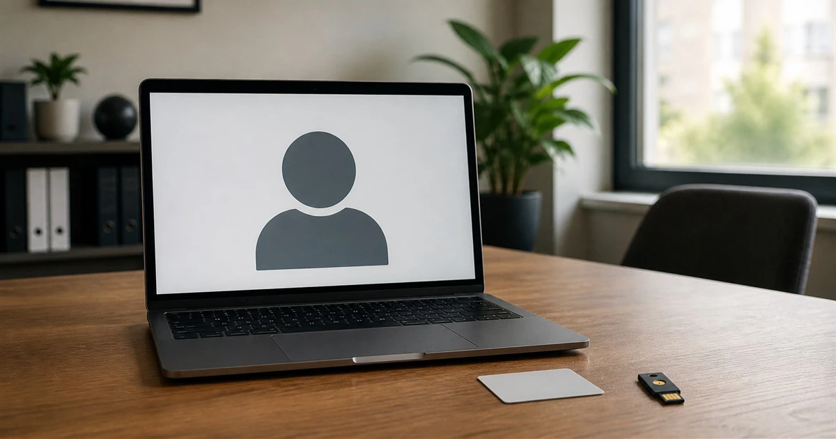 Laptop with a generic remote interview silhouette beside a blank identity card and hardware security key