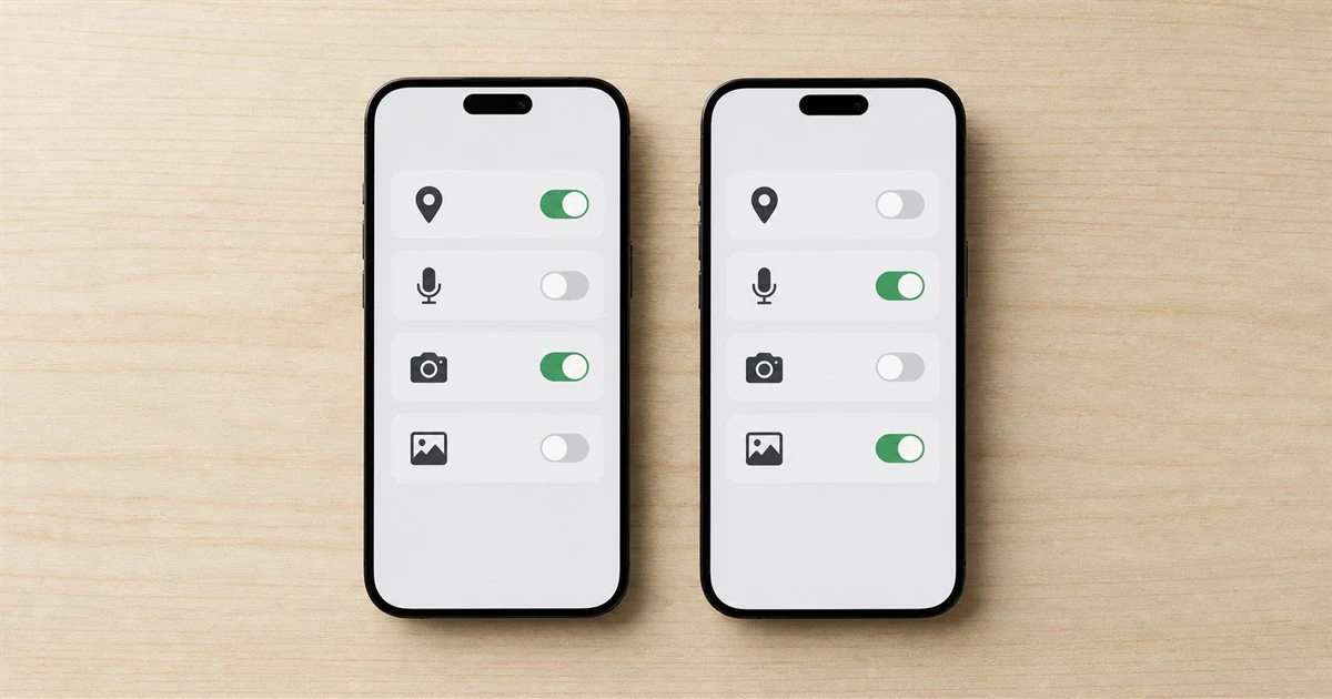 Two unbranded smartphones showing generic location, microphone, camera and photo permission toggles